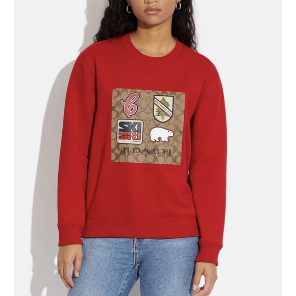 Coach CE457 XS Signature Ski Crewneck Fleece Sweatshirt Red Catskills NWT $298 - Picture 13 of 15